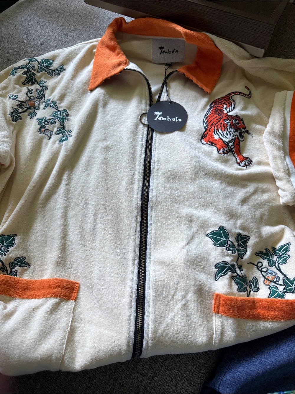 Tombolo Men’s Cream Terry Cloth Swim Jacket with Orange Trim and matching shorts